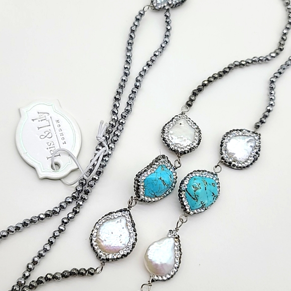 $125 NWTS Iris & Lily London UK Freshwater Pearl & Enhanced Turquoise Beaded Nk - Picture 5 of 8